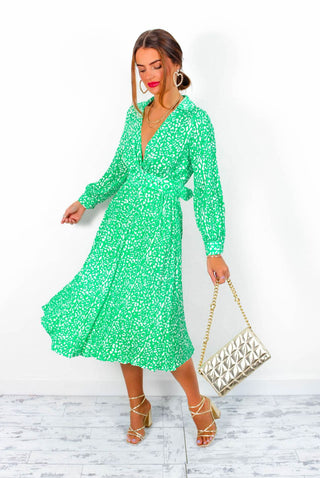 Oh So Lavish - Green Animal Print Pleated Midi Dress