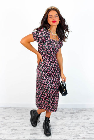 Once And Floral - Black Pink Floral Midi Dress