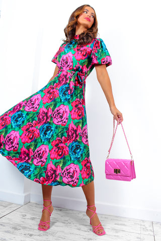 Pure Beauty - Green Pink Rose Print Pleated Midi Dress