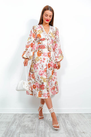 Season Of Love - Cream Multi Floral Midi Dress