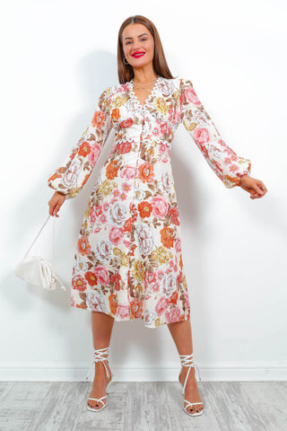 Season Of Love - Cream Multi Floral Midi Dress