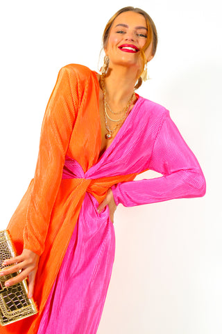 She Is The Moment - Pink Orange Twist Front Plisse Midi Dress