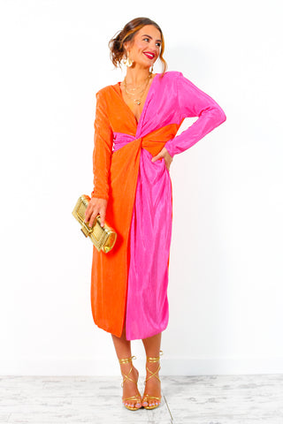 She Is The Moment - Pink Orange Twist Front Plisse Midi Dress