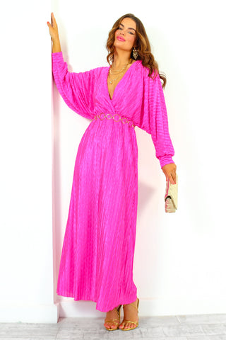 She Takes First Plisse - Fuchsia Pink Plisse Maxi Dress