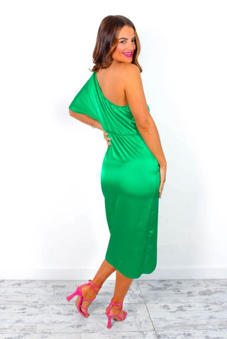 She's A Dream - Green Satin One Shoulder Midi Dress
