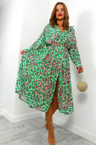 She's Ferocious - Green Leopard Print Shirt Dress