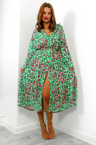She's Ferocious - Green Leopard Print Shirt Dress