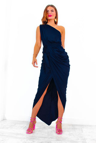 She's Irreplaceable - Navy Ruched One Shoulder Maxi Dress