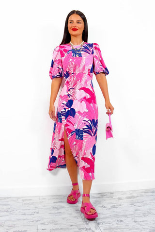 She's So Vain - Pink Navy Tropical Midi Dress