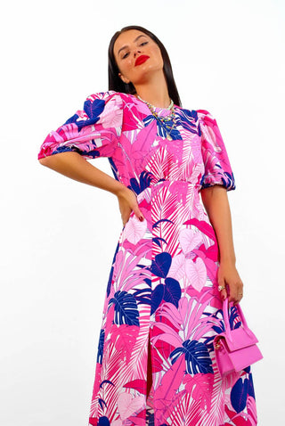 She's So Vain - Pink Navy Tropical Midi Dress