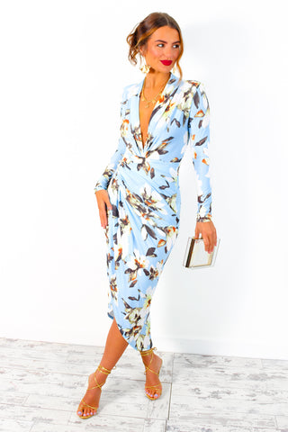 Simple And Elegant - Blue Floral Long Sleeve Midi Dress