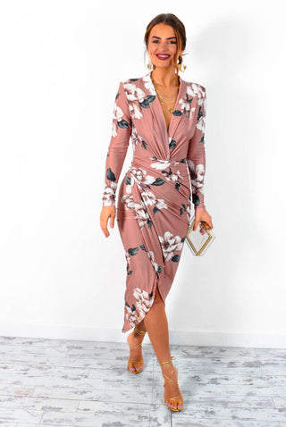 Simple And Elegant - Nude Floral Long Sleeve Midi Dress