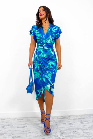 Simple and Elegant - Blue Green Angel Sleeve Midi Dress