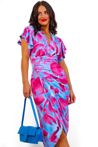 Simple and Elegant  - Pink Blue Angel Sleeve Midi Dress