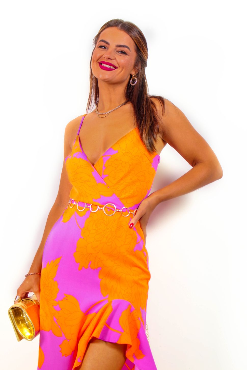 Simply Irresistible - Pink Orange Floral Ruffle Cami Midi Dress – DLSB