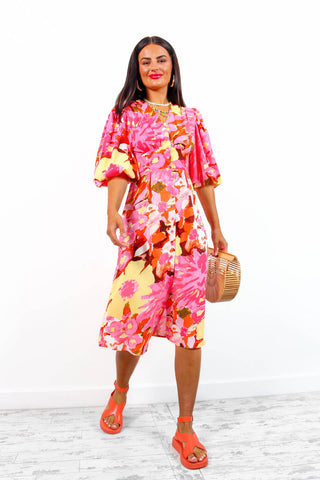 Sleeve You Behind - Pink Yellow Floral Midi Dress