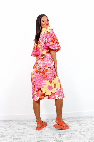 Sleeve You Behind - Pink Yellow Floral Midi Dress