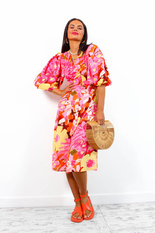 Sleeve You Behind - Pink Yellow Floral Midi Dress#