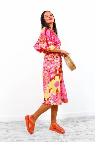 Sleeve You Behind - Pink Yellow Floral Midi Dress
