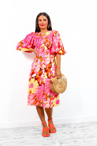 Sleeve You Behind - Pink Yellow Floral Midi Dress