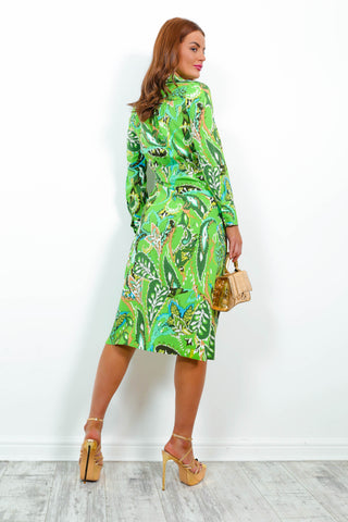Social Climber - Green Multi Leaf Print Midi Wrap Dress