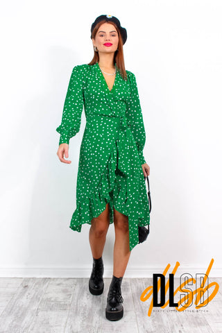 Some Like It Dot - Green Polka Dot Midi Wrap Dress