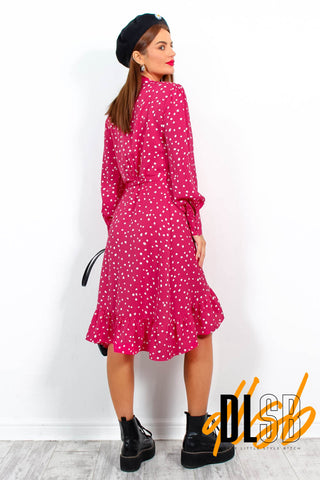 Some Like It Dot - Raspberry Polka Dot Midi Wrap Dress