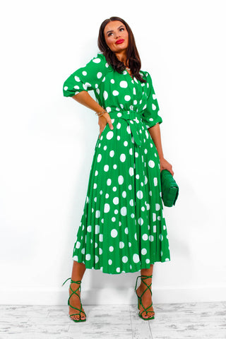Spot Me - Green Polka Dot Pleated Midi Dress