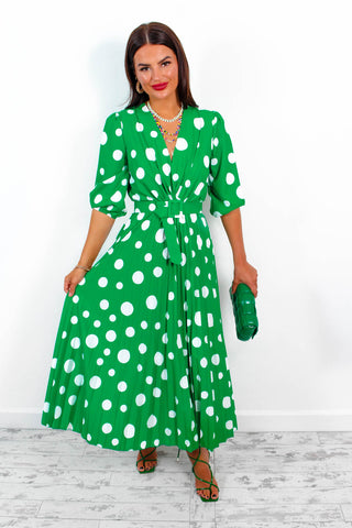 Spot Me - Green Polka Dot Pleated Midi Dress