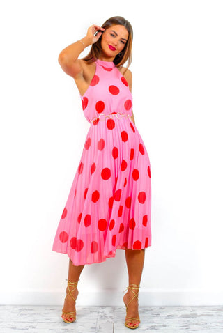 Spot The Difference - Pink Red Polka Dot Halter Neck Pleated Midi Dress
