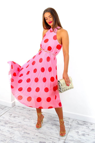 Spot The Difference - Pink Red Polka Dot Halter Neck Pleated Midi Dress