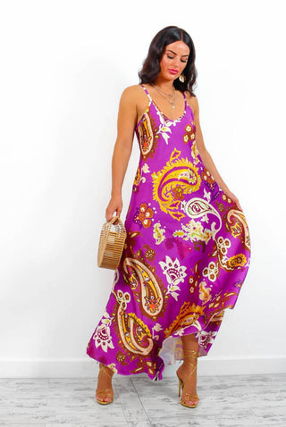 Spring Break - Purple Gold Paisley Print Maxi Slip Dress