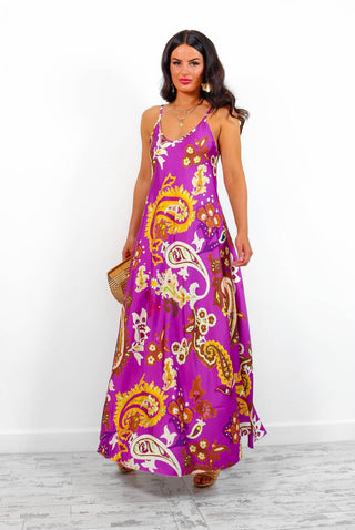 Spring Break - Purple Gold Paisley Print Maxi Slip Dress