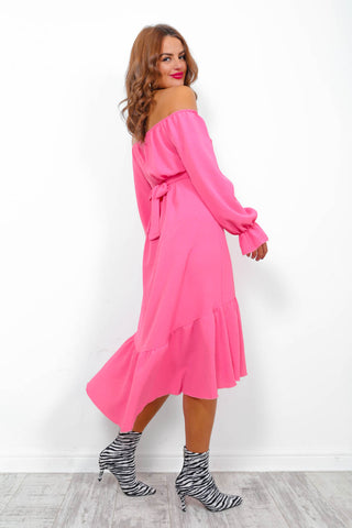 Star-Crossed Lovers - Candy Pink Long Sleeve Midi Dress