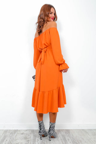 Star Crossed Lovers - Orange Long Sleeve Midi Dress