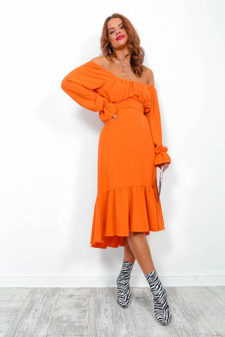 Star Crossed Lovers - Orange Long Sleeve Midi Dress