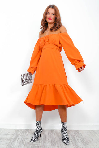 Star Crossed Lovers - Orange Long Sleeve Midi Dress