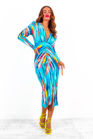 Stay A While - Blue Multi Abstract Print Ruched Midi Dress