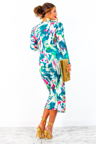Stay A While - Green Multi Abstract Print Ruched Midi Dress
