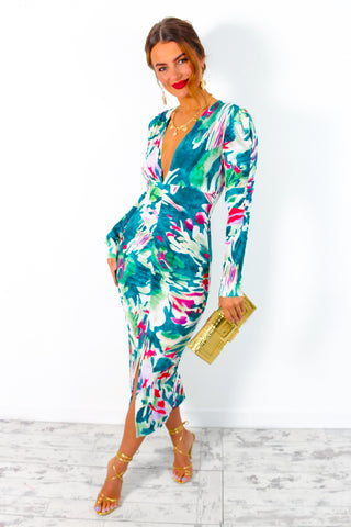 Stay A While - Green Multi Abstract Print Ruched Midi Dress