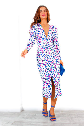 Stay A While - White Multi Spot Ruched Midi Dress