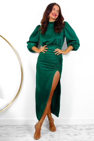 Steal Your Heart - Forest Satin Midi Dress
