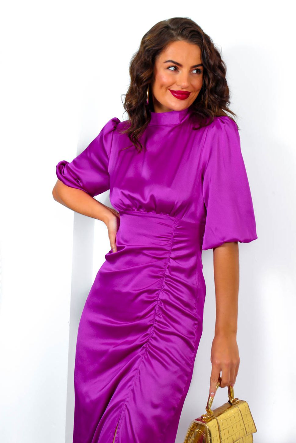 Plum satin ruched lace hotsell up back midi dress