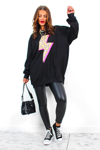 Strike A Pose - Black Leopard Neon Pink Lightning Bolt Sweatshirt