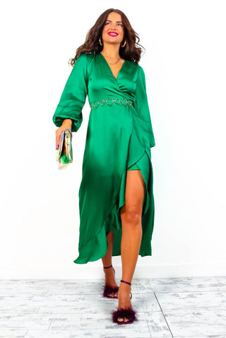 Take Me Out - Emerald Satin Long Sleeve Wrap Maxi Dress