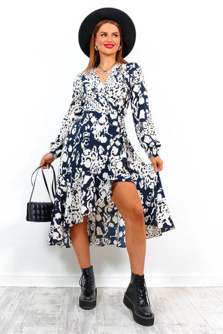 Take The Hint - Navy Ecru Wrap Midi Dress