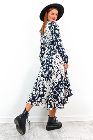 Take The Hint - Navy Ecru Wrap Midi Dress