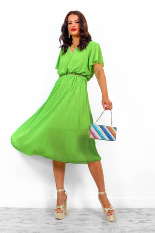 Taking Chances - Green Pleated Midi Dress