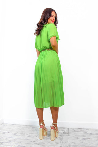 Taking Chances - Green Pleated Midi Dress