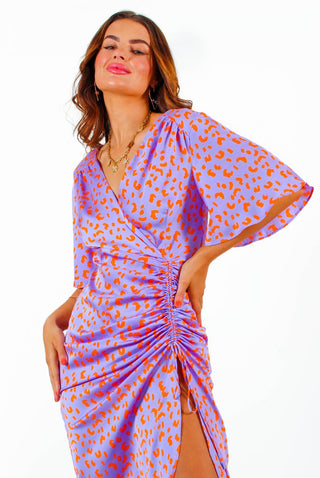 The Best Is Yet To Come - Lilac Orange Animal Print Ruched Midi Dress
